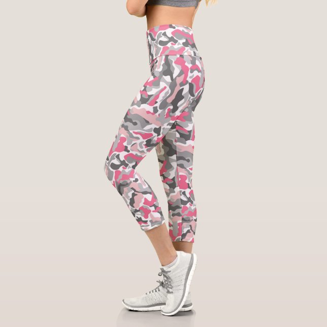 Trendy Pink Gray Camouflage Pattern Capri Leggings (Left)