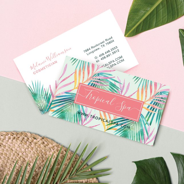 Trendy Pink & Green Watercolor Tropical Palm Leaf Business Card (Creator Uploaded)