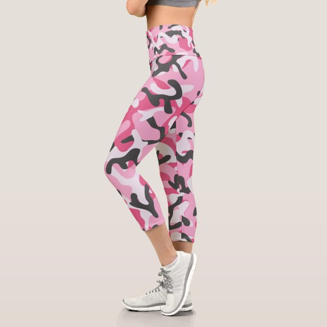 Trendy Pink Grey White Camo Pattern Summer Capri Leggings (Left)