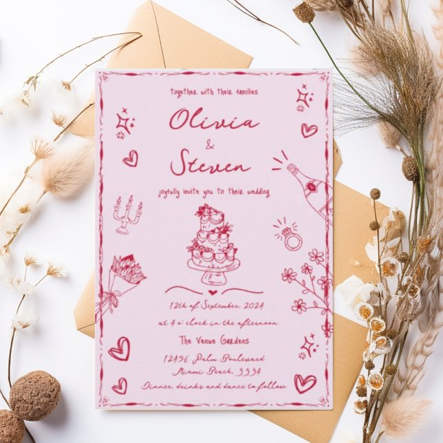 Trendy Pink Hand Drawn Quirky Scribble Wedding  Invitation (Creator Uploaded)