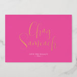 Trendy Pink Happy Hanukkah Foil Holiday Card<br><div class="desc">These trendy photo Hanukkah cards feature the words "Chag Sameach" in elegant gold foil script typography. The card reverses to a unique and colourful watercolor poinsettia floral pattern with your photo. Use the template fields to add your personalisation. A unique and bright choice for your pinkmas holiday greeting cards. To...</div>