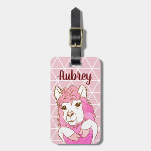 Trendy Pink Heart Llama Geometric Luggage Tag