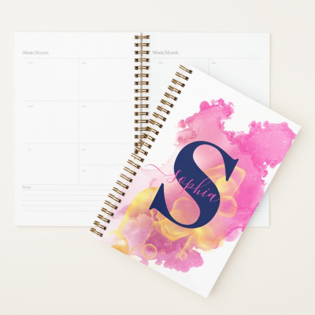 Trendy Pink Ink Cloud, Personalised White, Navy Planner (Display)