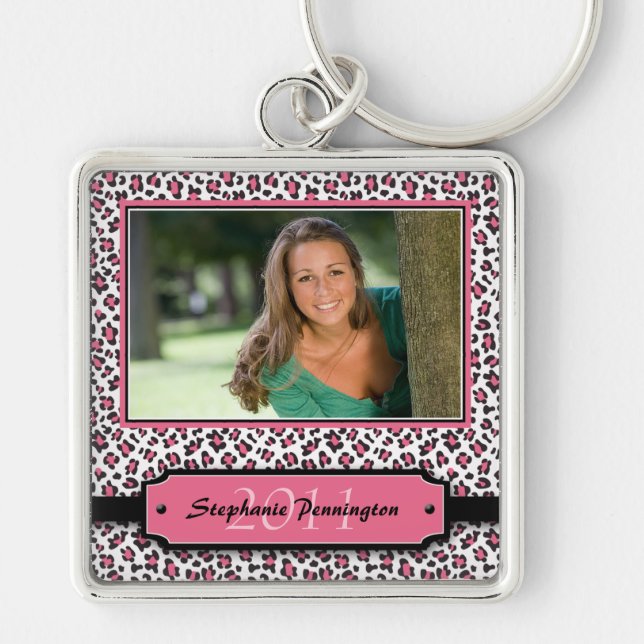 Trendy pink leopard graduation photo keychain (Front)