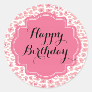 Trendy Pink Leopard Print Happy Birthday Stickers