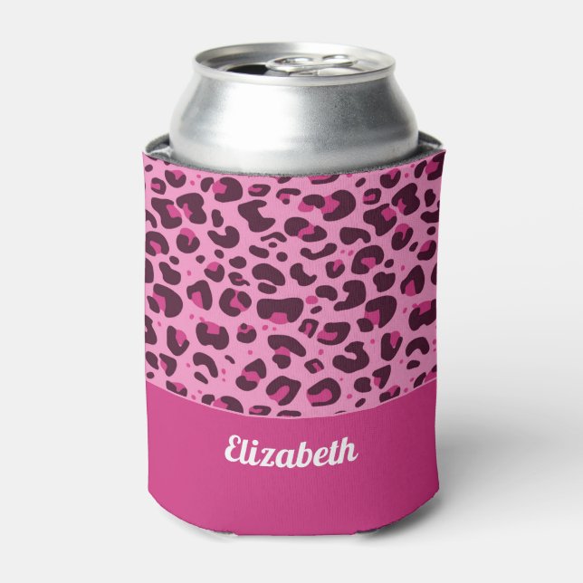 Trendy pink leopard spot pattern with name can cooler (Can Front)