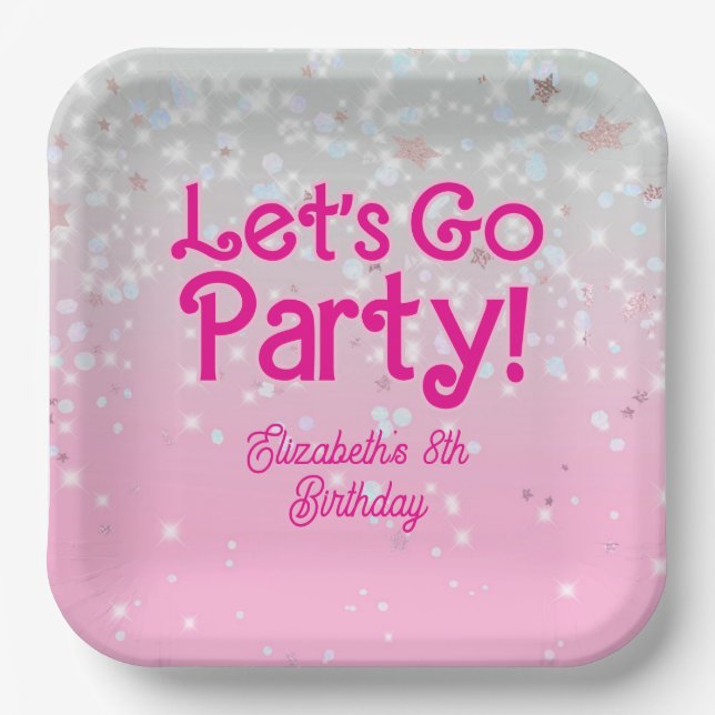 Trendy Pink Let's Go Party Birthday Party  Paper Plate (Front)