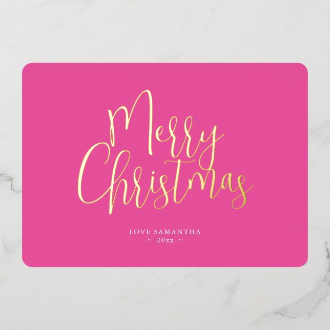 Trendy Pink Merry Christmas Foil Holiday Card (Front)