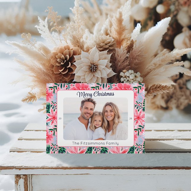 Trendy Pink Modern Merry Christmas Photo Holiday Card (Tropical Pink Floral Christmas Card)