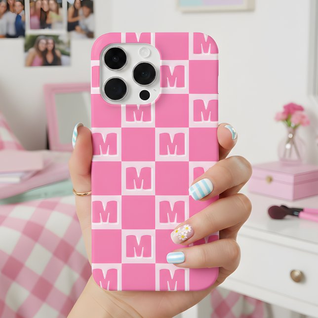 Trendy Pink Monogram Checkered Initial  Case-Mate iPhone Case (Creator Uploaded)