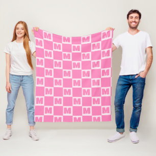 Trendy Pink Monogram Checkered Initial Fleece Blanket