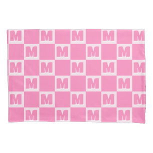 Trendy Pink Monogram Checkered Initial Pillowcase
