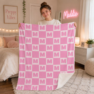 Trendy Pink Monogram Chequered Initial Sherpa Blanket