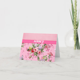 Trendy Pink Monogram Vintage Floral Polka Dots Note Card