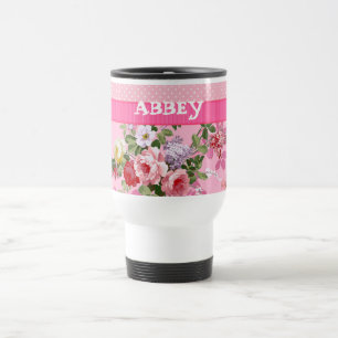 Trendy Pink Monogram Vintage Floral Polka Dots Travel Mug