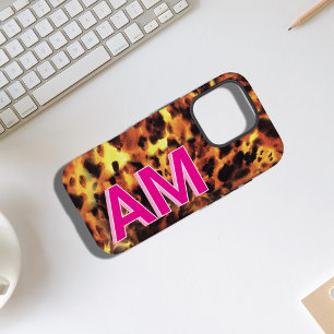 Trendy Pink Monogrammed Tortoiseshell iPhone 16 Pro Case