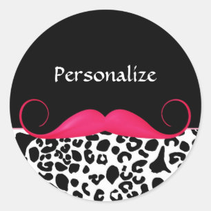 Trendy Pink Moustache Girly Leopard Print With Classic Round Sticker