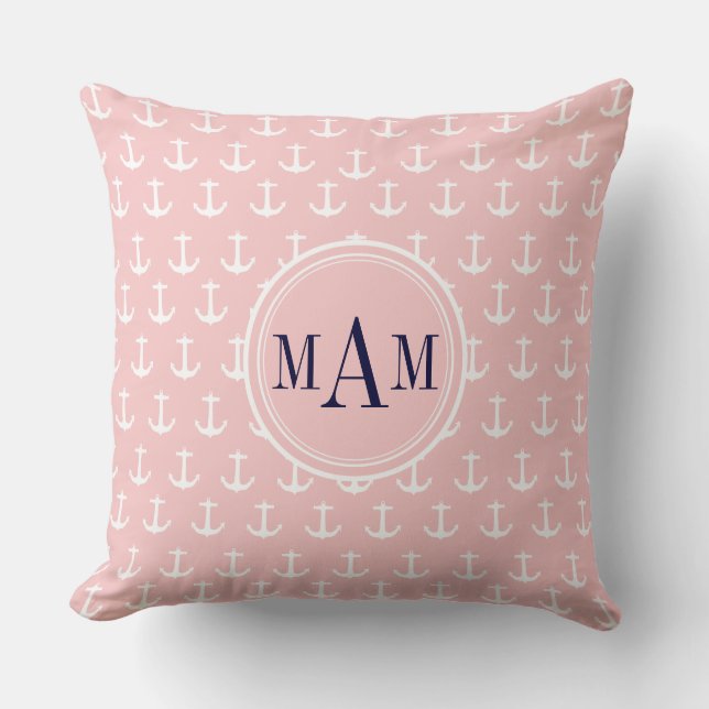 Trendy Pink Nautical Anchor Monogram Throw Pillow (Front)
