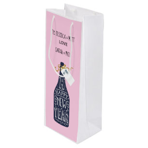 Trendy Pink New Year Typography Bottle Art Wine Gift Bag