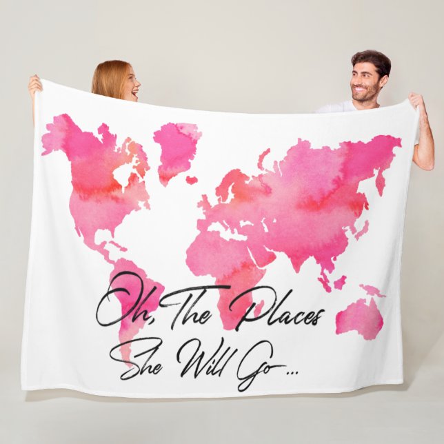 Trendy Pink Oh The Places She Will Go Quote Travel Fleece Blanket (In Situ)