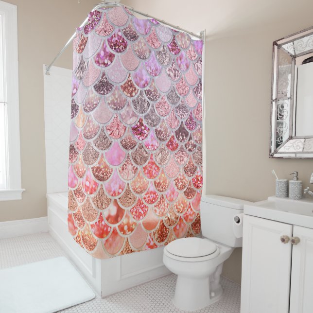 Trendy Pink Ombre Glitter Mermaid Fish Scales Shower Curtain (In Situ)