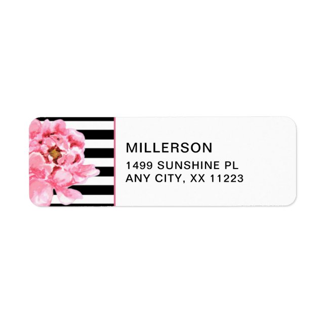 Trendy Pink Peonies + black white stripes address (Front)