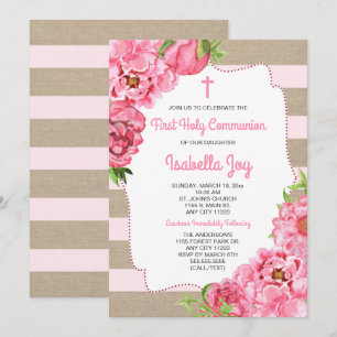 Trendy Pink Peonies First Holy Communion canvas Invitation