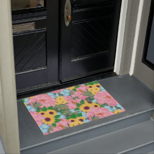 Trendy Pink Peonies Yellow Sunflowers Watercolor Doormat