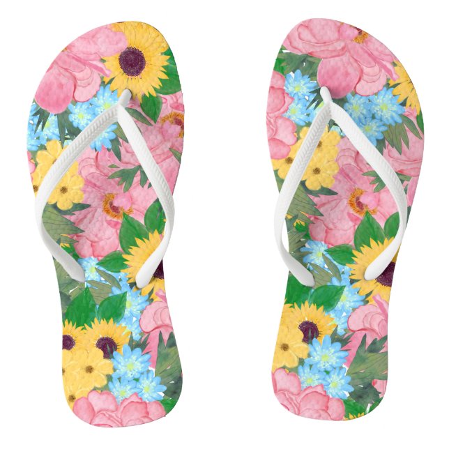 Trendy Pink Peonies Yellow Sunflowers Watercolor Flip Flops (Footbed)
