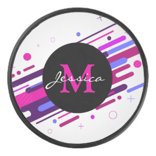 Trendy Pink & Purple Geometric Lines Monogram Hockey Puck