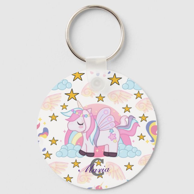 Trendy Pink Purple Gold Unicorn Name Monogram Key Ring (Front)