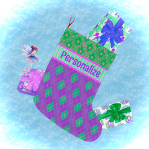 Trendy Pink Purple Green Personalised Christmas Large Christmas Stocking