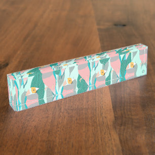 Trendy Pink Rainbow Finch Bird & Green Foliage Nameplate