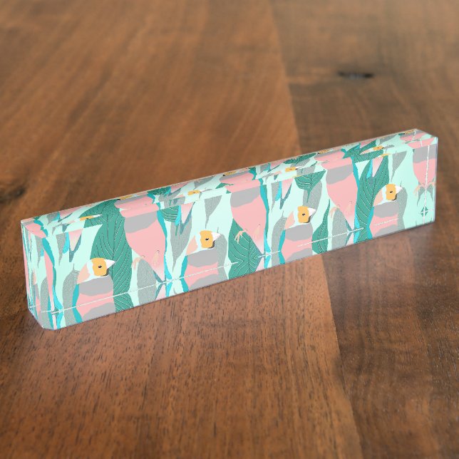 Trendy Pink Rainbow Finch Bird & Green Foliage Nameplate (Side)