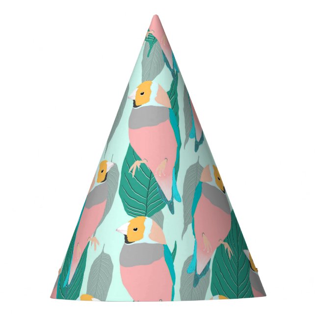 Trendy Pink Rainbow Finch Bird & Green Foliage Party Hat (Front)
