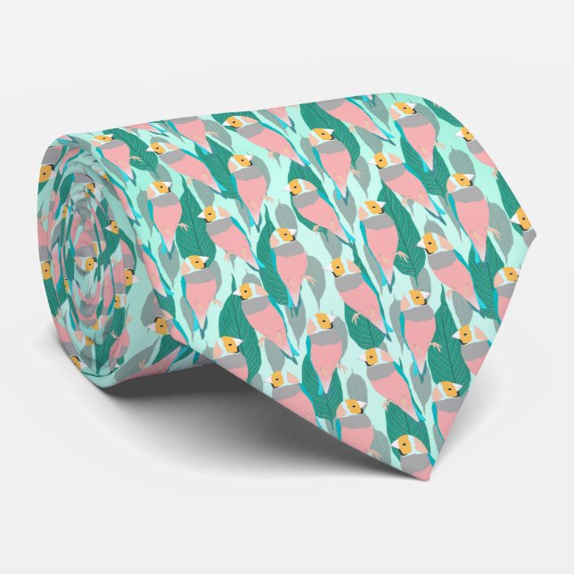 Trendy Pink Rainbow Finch Bird & Green Foliage Tie (Rolled)