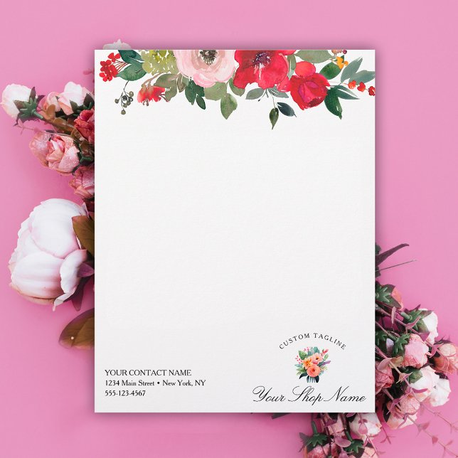 Trendy pink & red floral, business name & logo custom letterhead (Creator Uploaded)