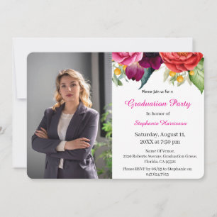 Trendy Pink Red  Floral Photo Graduation Holiday Card
