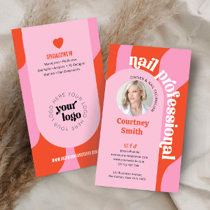 Trendy Pink & Red Retro Nail Artist Salon Photo Business Card
