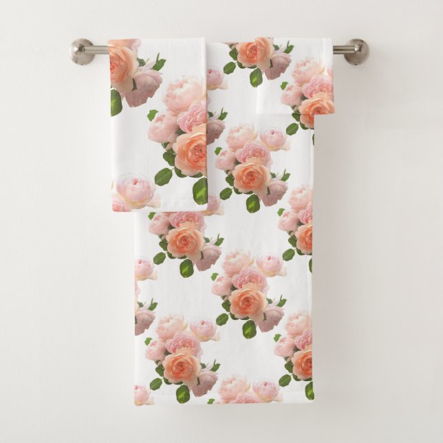 Trendy Pink Red Roses Modern Floral Template Bath Towel Set (Insitu)