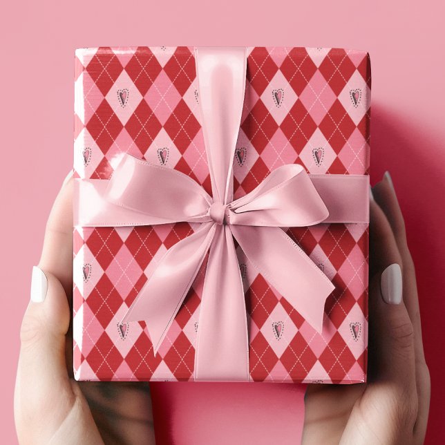 Trendy Pink Red Small Argyle Hearts Pattern Kids Wrapping Paper (Trendy Valentine Design Featuring Cute Pink and Red Argyle Pattern with Girly Hand-Drawn Hearts)