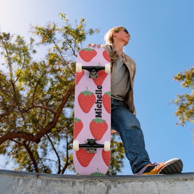 Trendy Pink & Red Strawberry Pattern Personalised Skateboard (Outdoor 1)