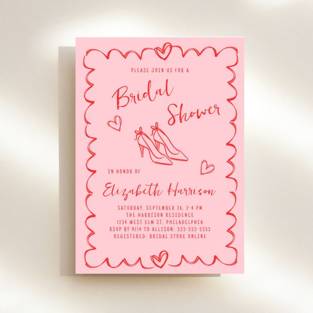Trendy Pink Red Wavy Frame Bridal Shower Invitation (Whimsical pink + red bridal brunch shower invitation to set the tone for an unforgettable event)