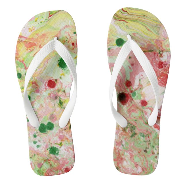 Trendy Pink Red Yellow Green Modern Abstract Flip Flops (Footbed)