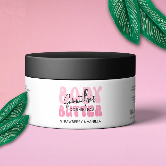 Trendy Pink Retro Body Butter Jar Wrapper Label (Trendy pink aesthetic body butter jar wrapper label featuring retro fonts and a modern design)