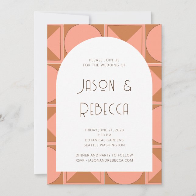 Trendy Pink Retro Geometric All In One Wedding  Invitation (Front)