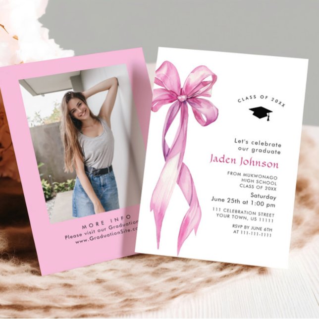 Trendy Pink Rose Bow Ribbon PHOTO Graduation Party Invitation (Creator Uploaded)
