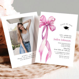 Trendy Pink Rose Bow Ribbon PHOTO Graduation Party Invitation