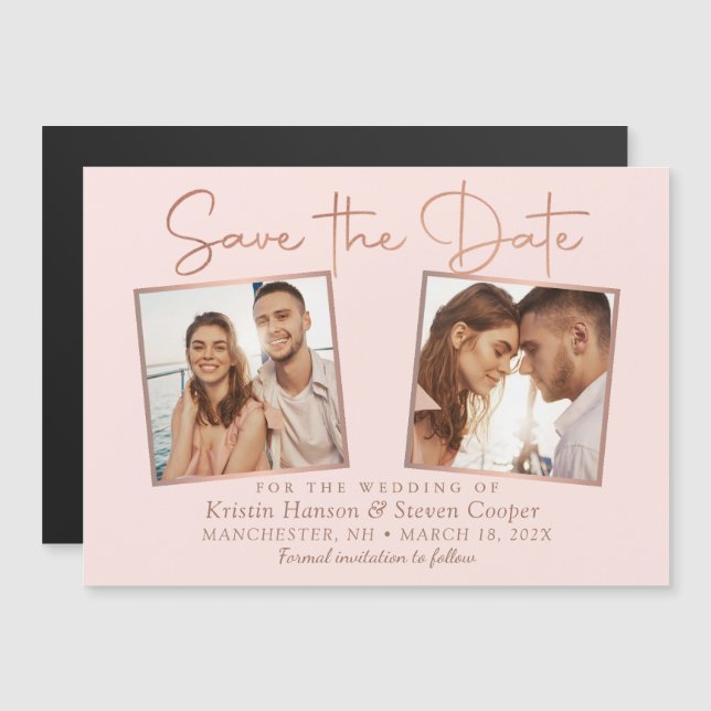 Trendy Pink Rose Gold 2 Photo Save the Date Magnet (Front/Back)
