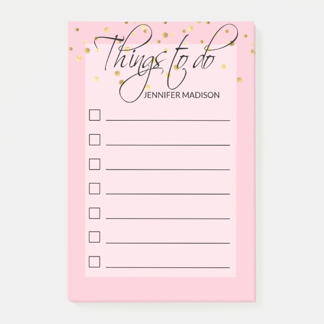 Trendy Pink Rose Gold Checkboxes THINGS TO DO Post-it Notes (Front)